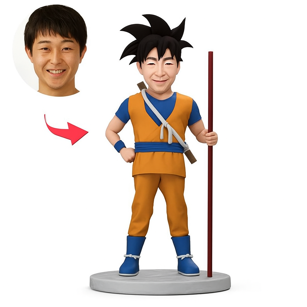 青とオレンジのスポーツスーツを着て棒を持った男性,刻印入りのカスタムボブルヘッドギフト