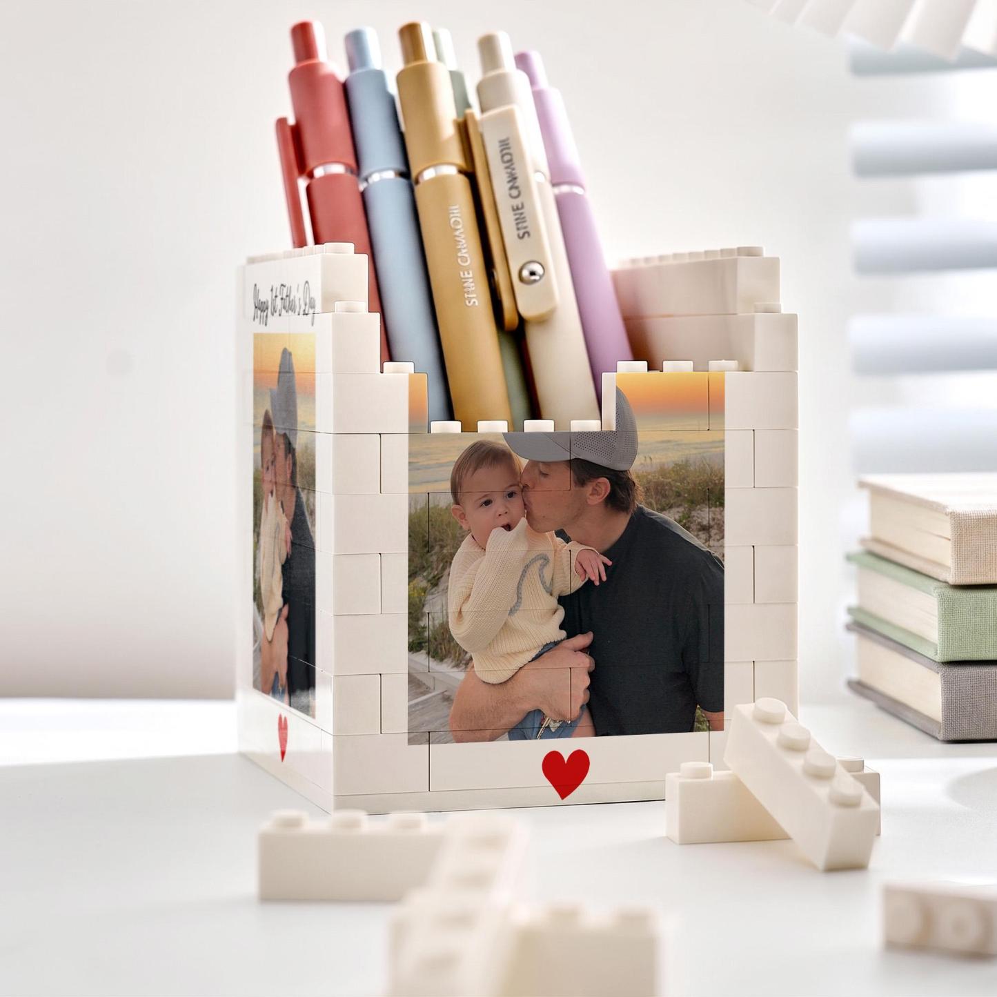 パーソナライズされたお父さんと子供の写真ビルディングブロックペンホルダーカスタムパパパズルブロックデスクオーガナイザーお父さんへの父の日ギフト - GetPhotoBanketJP