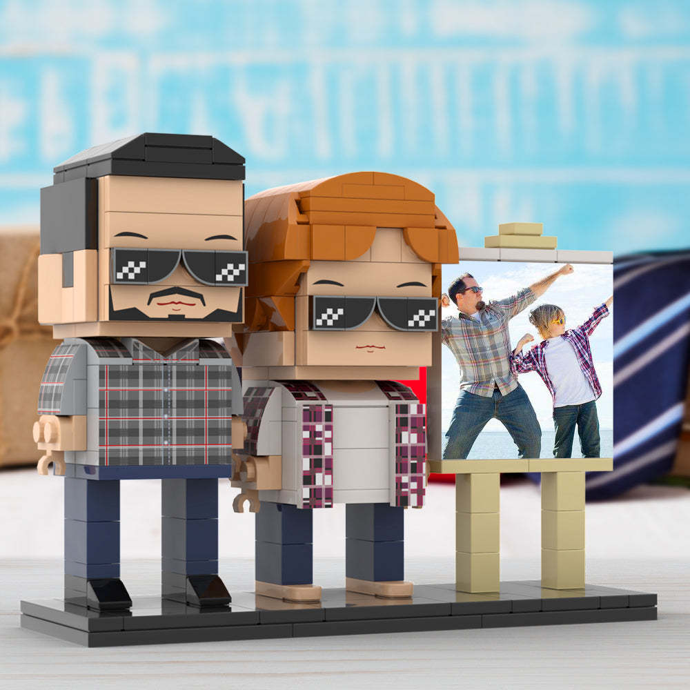Cuerpo Completo Personalizable 2 Personas Papá Y Su Hijo Tienen Una Pose Hacia El Sol Marco De Fotos Figuras De Ladrillo Personalizadas Juguete De Bloque De Partículas Pequeño Personalizado Para El Día Del Padre - minebrickes