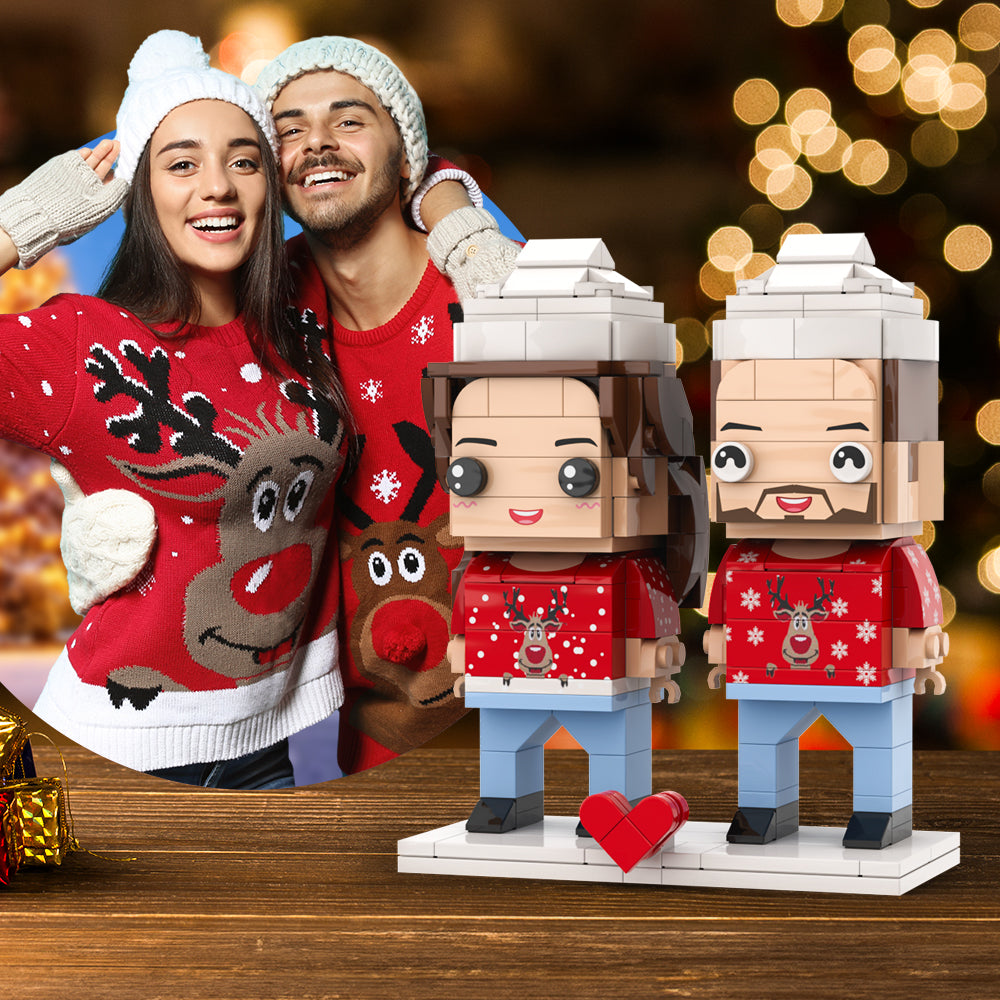 Suéter Navideño Feo Personalizado De Cuerpo Completo, 2 Personas, Figuras De Ladrillo Personalizadas, Estilo Ciervo Navideño