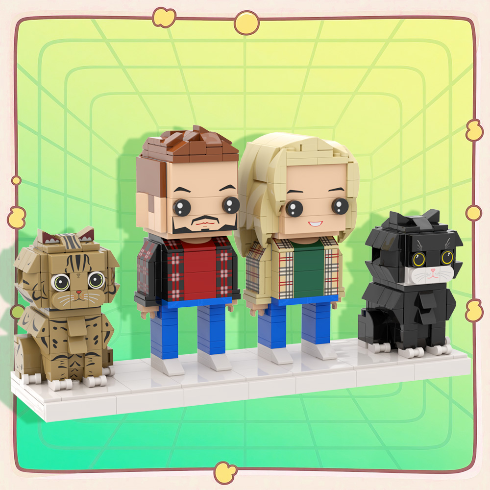 Figuras De Ladrillo Personalizadas De Cuerpo Completo De 2 Personas Y 2 Gatos