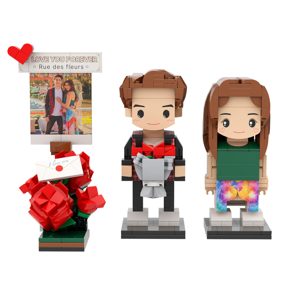 Figuras De Ladrillo Personalizadas De Cuerpo Completo Para 2 Personas, Paisaje Romántico De Rosas, Regalo Para Pareja - 