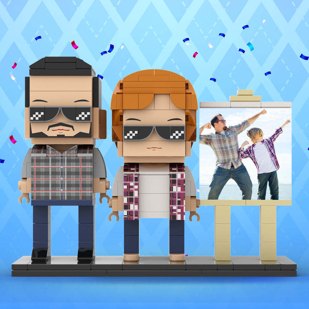 Cuerpo Completo Personalizable 2 Personas Papá Y Su Hijo Tienen Una Pose Hacia El Sol Marco De Fotos Figuras De Ladrillo Personalizadas Juguete De Bloque De Partículas Pequeño Personalizado Para El Día Del Padre - minebrickes