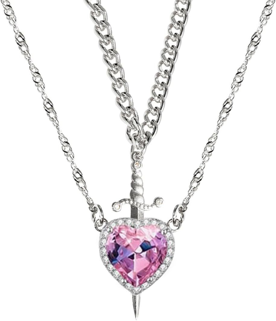 Collar De Espada Y Corazón Para Parejas, Cadena De Acero Inoxidable Con Ondas De Agua, Estilo Cubano, Delicado Y Moderno Conjunto De Collar De Espada Y Corazón A Juego, Regalo De Joyería. - 