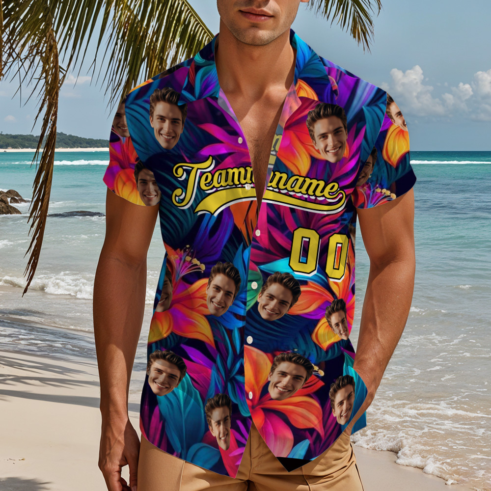 Camisa Hawaiana Personalizada Con Nombre Y Número. Camisa De Playa Floral Hawaiana Personalizada. - 