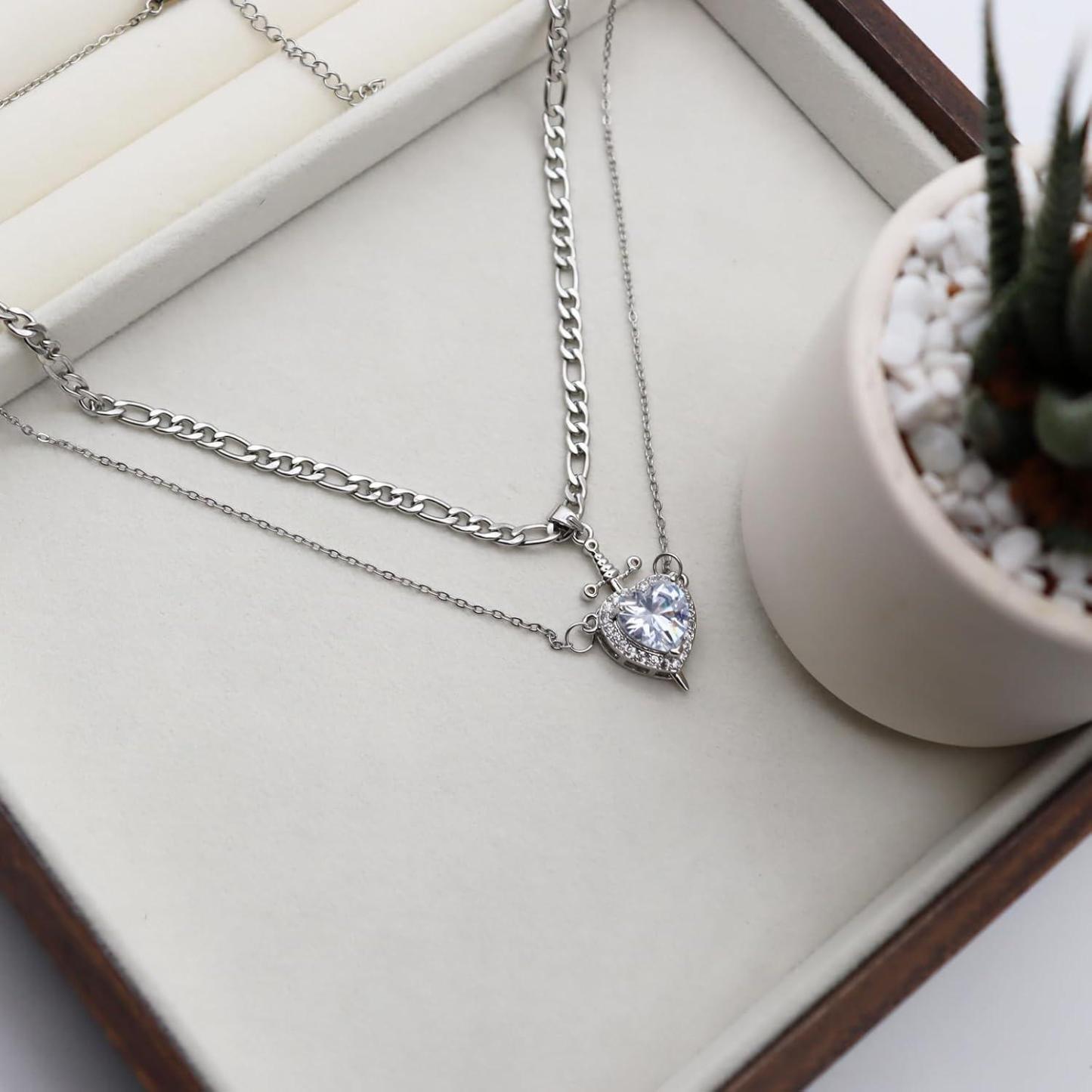 Collar De Espada Y Corazón Para Parejas, Cadena De Acero Inoxidable Con Ondas De Agua, Estilo Cubano, Delicado Y Moderno Conjunto De Collar De Espada Y Corazón A Juego, Regalo De Joyería. - 