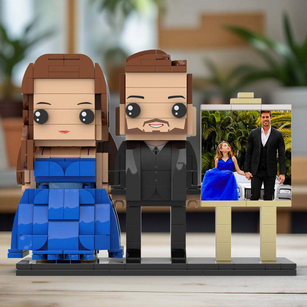 Cuerpo Completo Personalizable 2 Personas Papá Y Su Hija Con Un Vestido Azul Perfecto Marco De Fotos Figuras De Ladrillos Personalizadas Figuras De Ladrillos Pequeños Juguete De Bloques De Partículas Personalizado Para El Día Del Padre - minebrickes