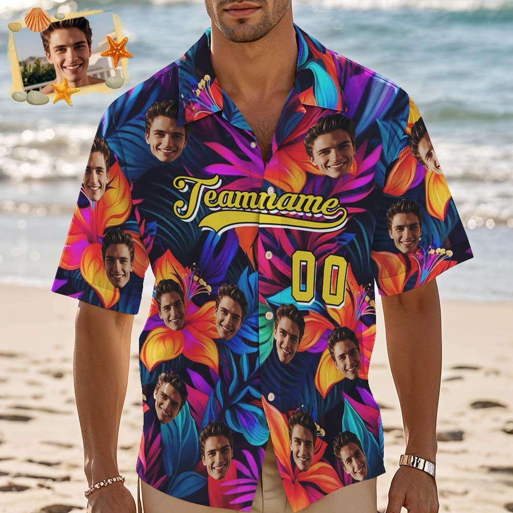 Camisa Hawaiana Personalizada Con Nombre Y Número. Camisa De Playa Floral Hawaiana Personalizada. - 