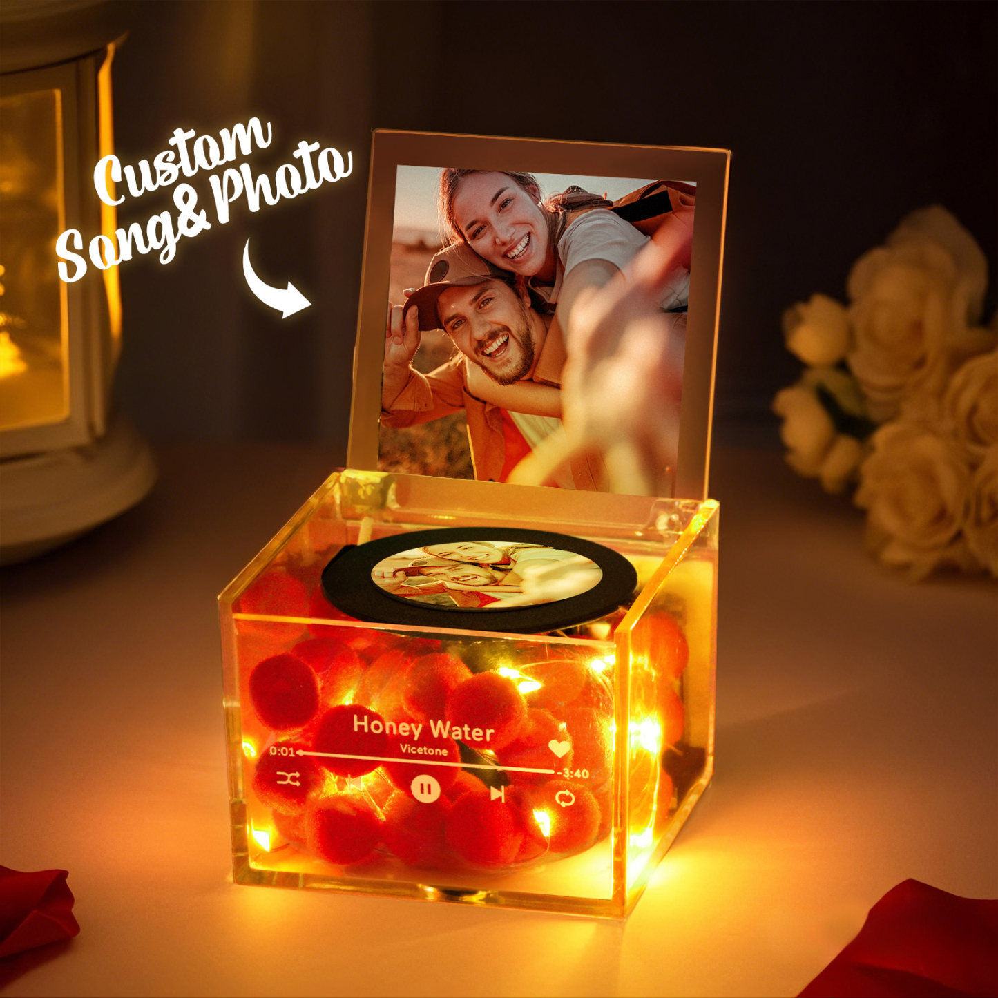 Mini Tocadiscos De Música Foto Personalizada Con Luz Caja De Música Acrílica Personalizada - 