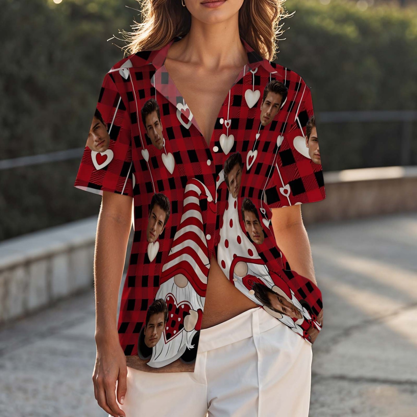 Pareja Camisa Hawaiana Rojo San Valentín Gnomos Camisa Con Botones Regalo Para Pareja - 