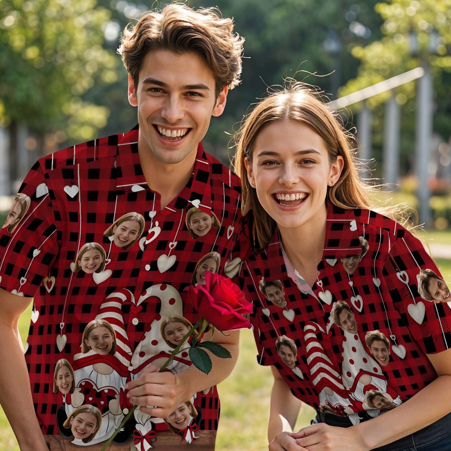 Pareja Camisa Hawaiana Rojo San Valentín Gnomos Camisa Con Botones Regalo Para Pareja - 