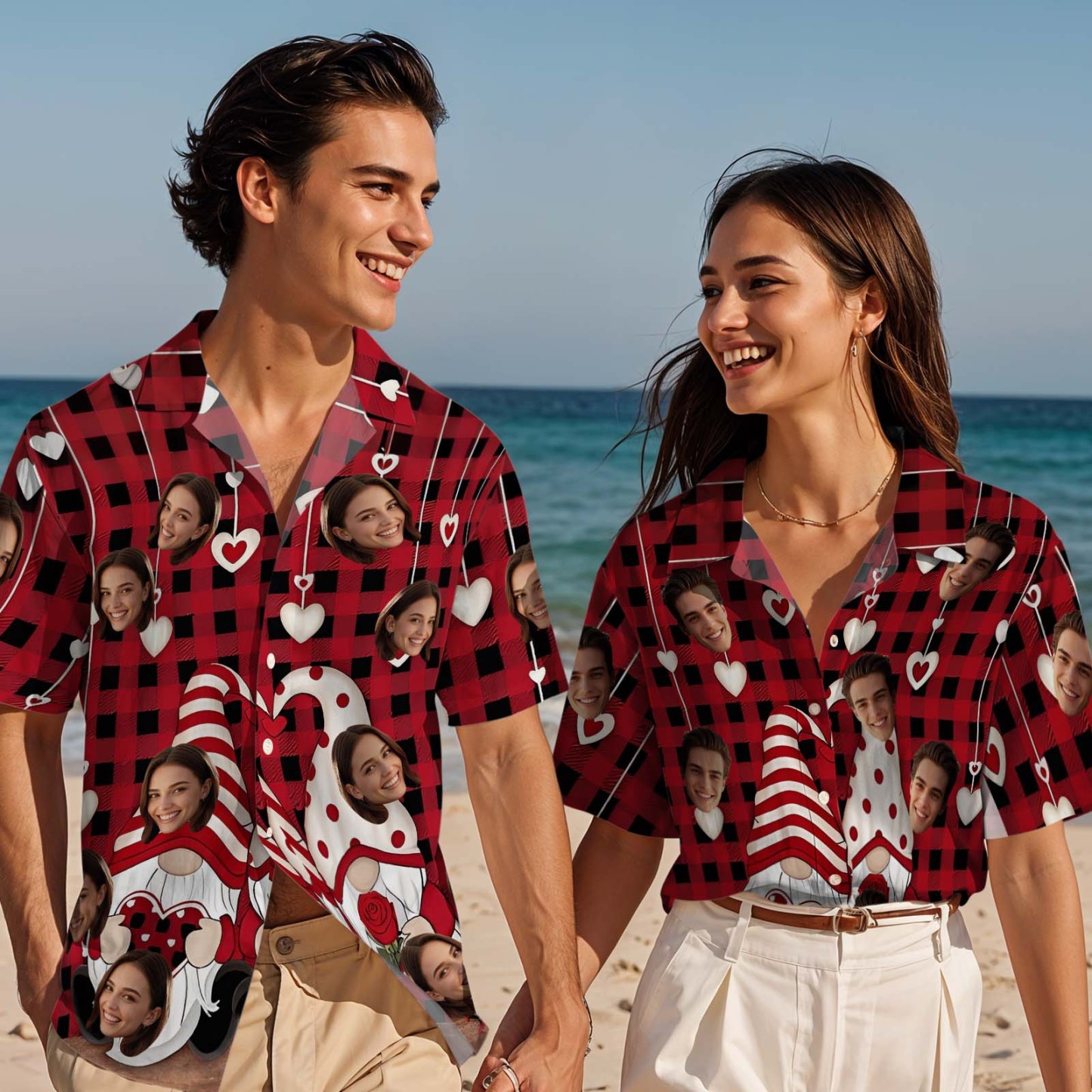 Pareja Camisa Hawaiana Rojo San Valentín Gnomos Camisa Con Botones Regalo Para Pareja - 