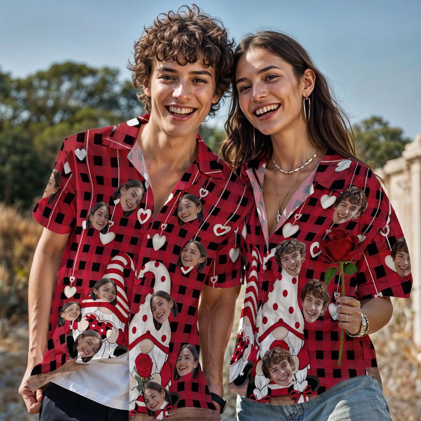 Pareja Camisa Hawaiana Rojo San Valentín Gnomos Camisa Con Botones Regalo Para Pareja - 