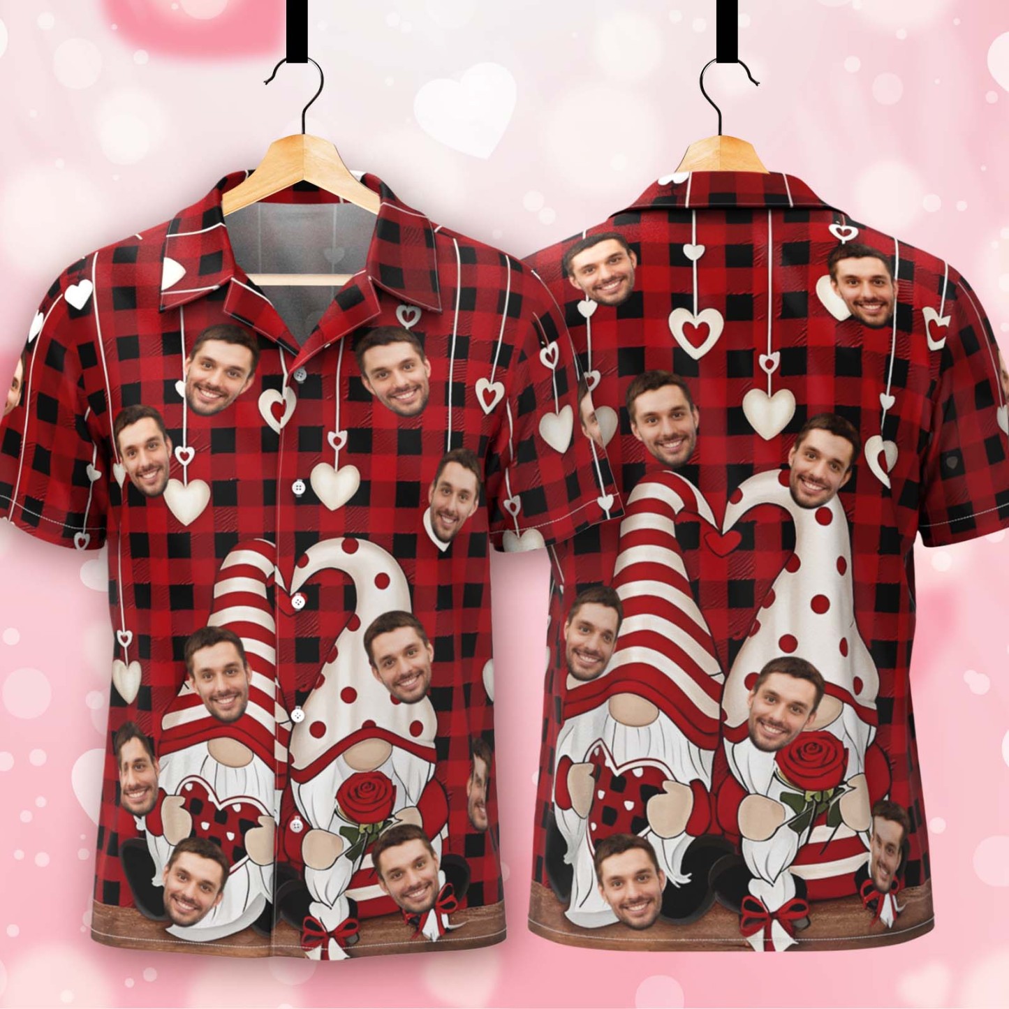 Pareja Camisa Hawaiana Rojo San Valentín Gnomos Camisa Con Botones Regalo Para Pareja - 
