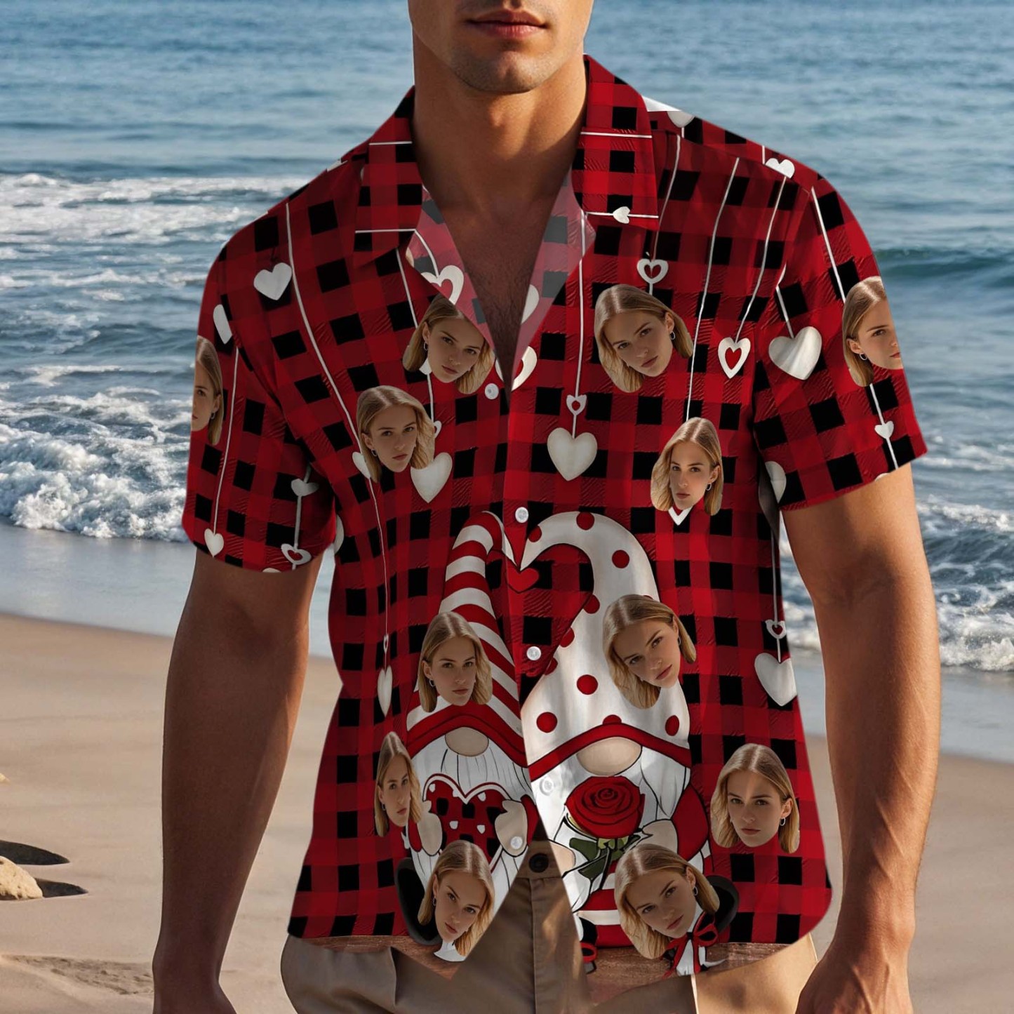 Pareja Camisa Hawaiana Rojo San Valentín Gnomos Camisa Con Botones Regalo Para Pareja - 