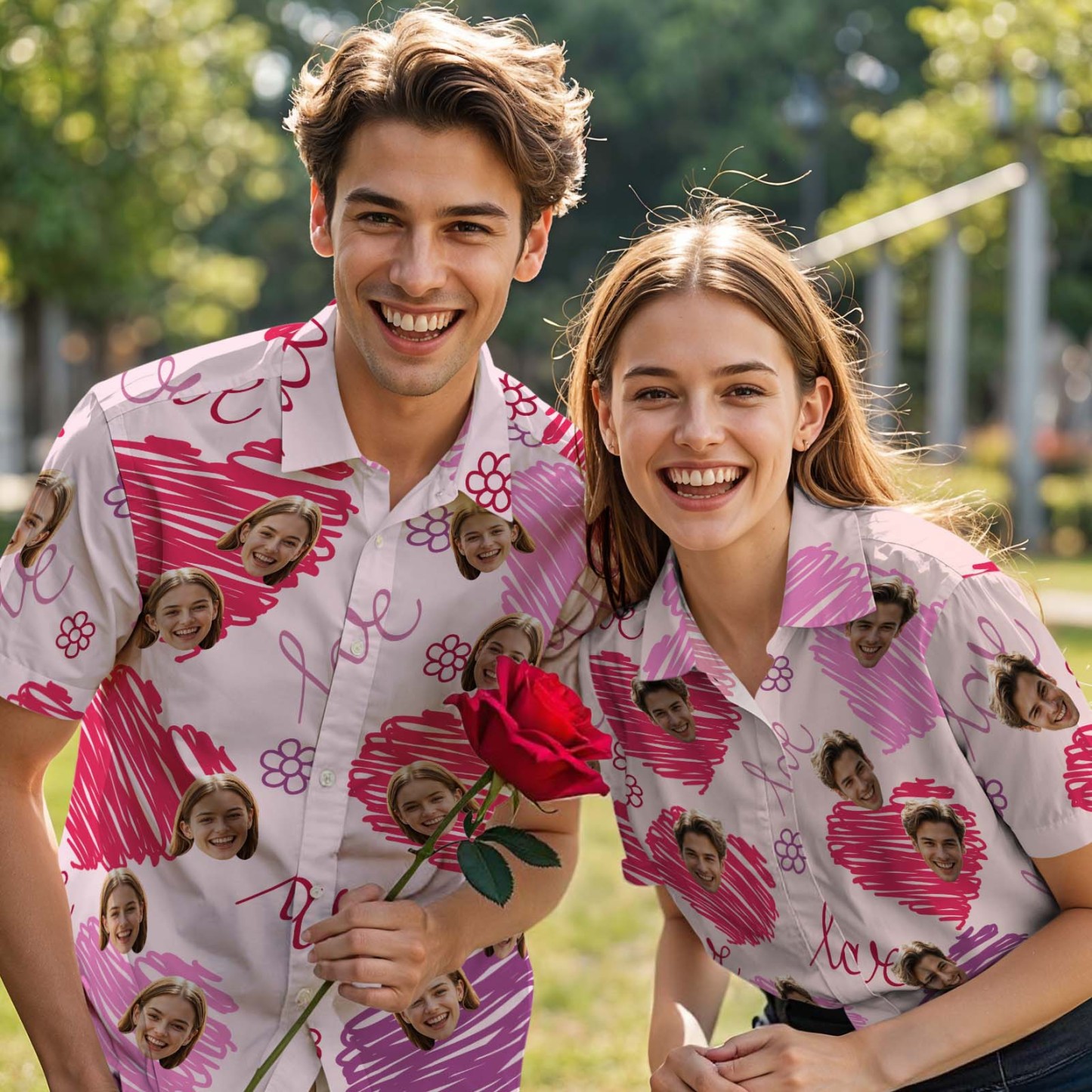 Camisa Hawaiana Personalizada Con Cara Para Pareja, Camisa Abotonada Con Corazón Rosa, Regalo De San Valentín - 