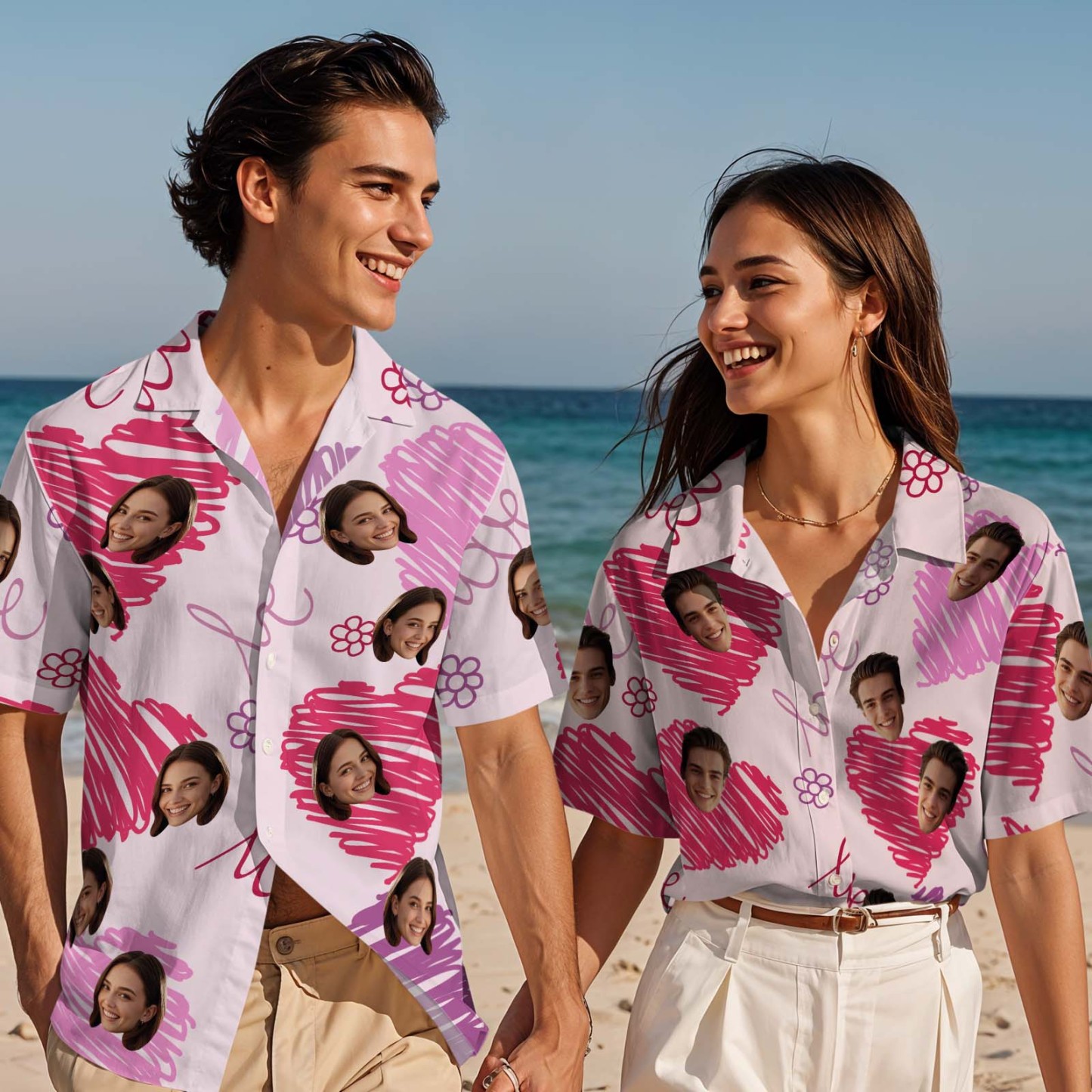 Camisa Hawaiana Personalizada Con Cara Para Pareja, Camisa Abotonada Con Corazón Rosa, Regalo De San Valentín - 