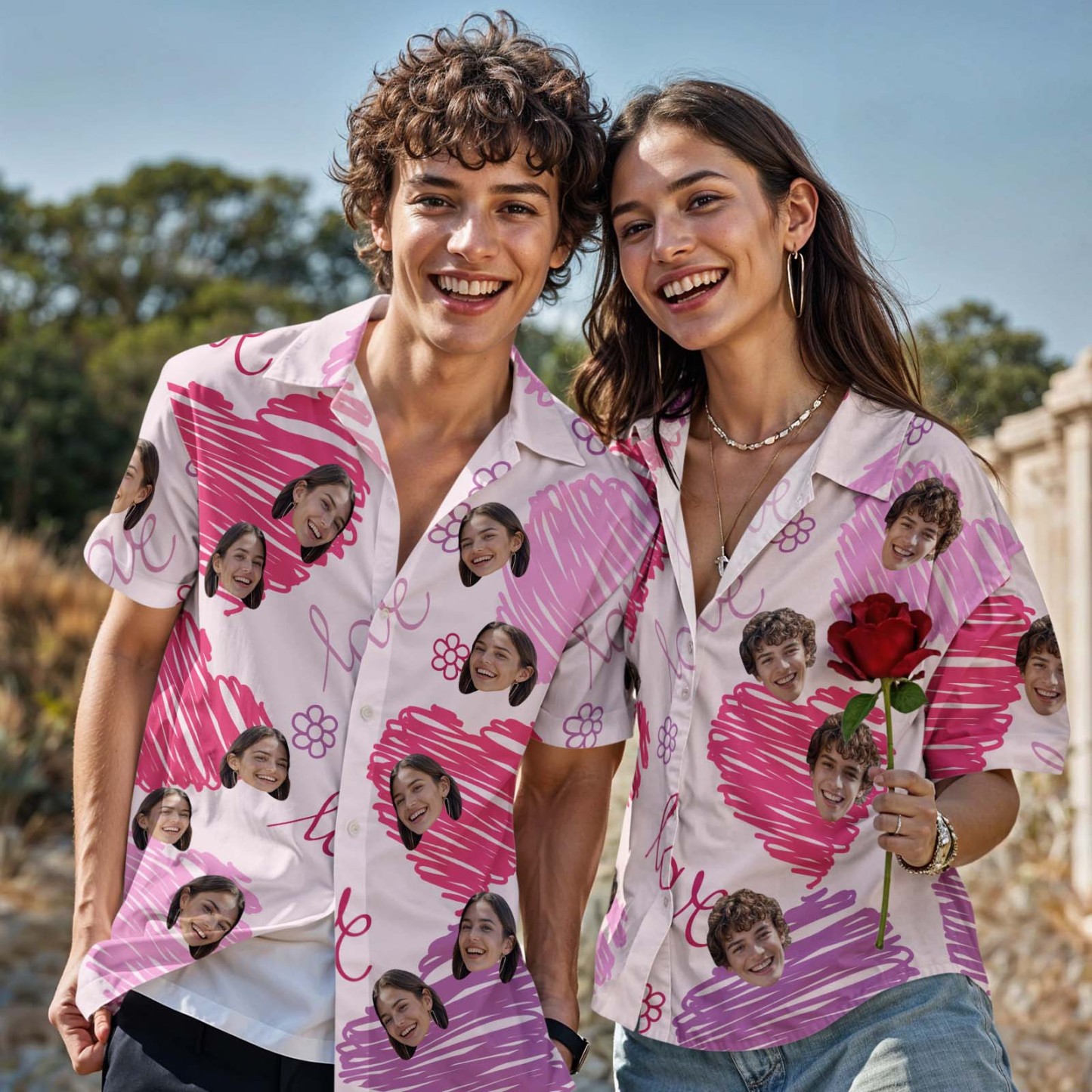 Camisa Hawaiana Personalizada Con Cara Para Pareja, Camisa Abotonada Con Corazón Rosa, Regalo De San Valentín - 