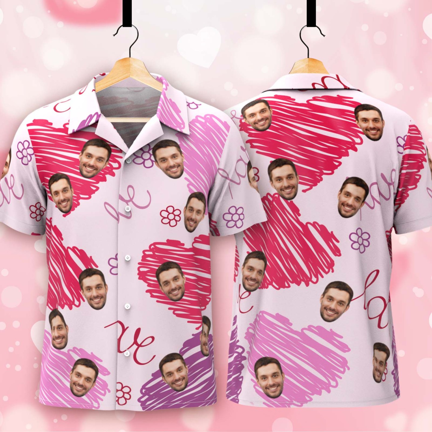 Camisa Hawaiana Personalizada Con Cara Para Pareja, Camisa Abotonada Con Corazón Rosa, Regalo De San Valentín - 