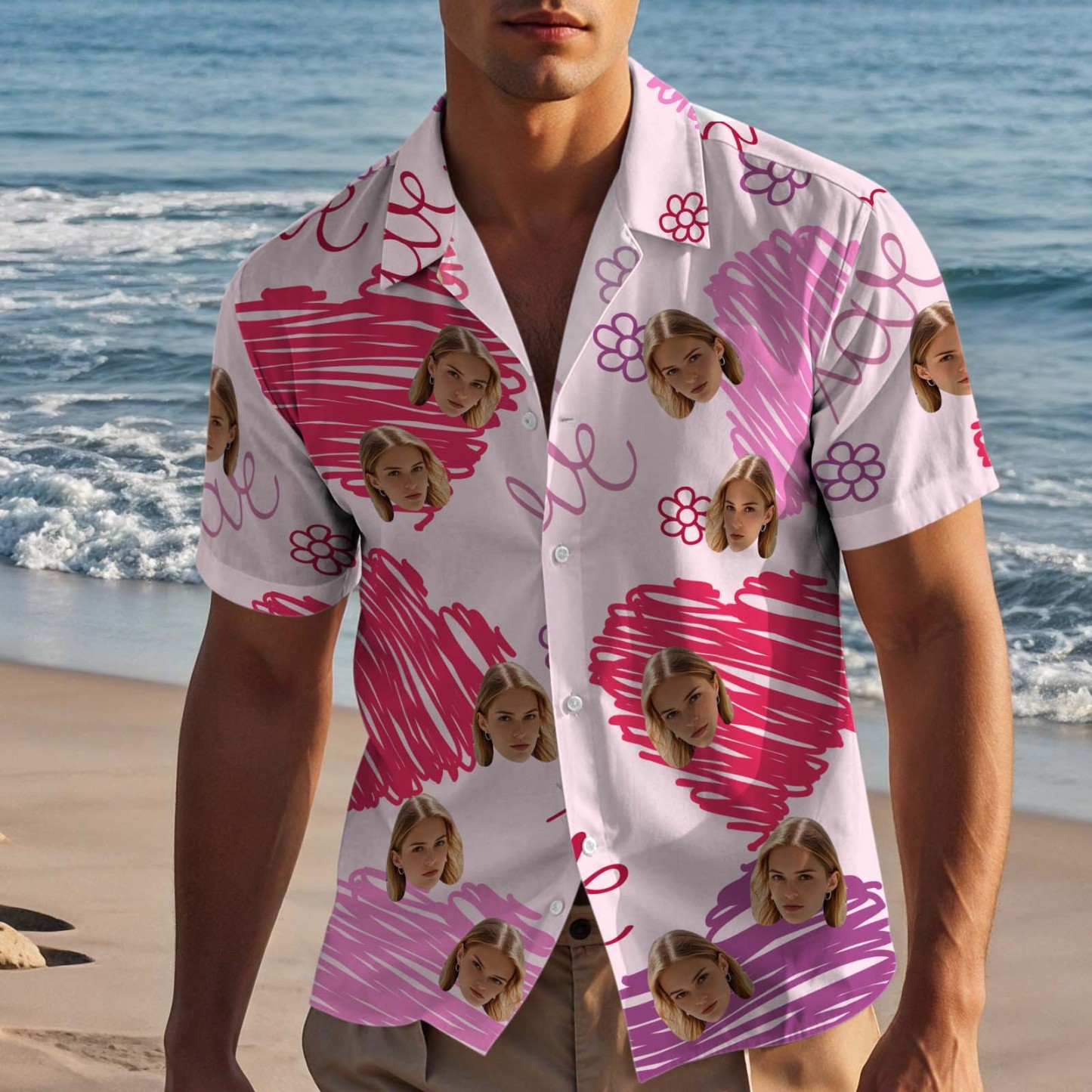 Camisa Hawaiana Personalizada Con Cara Para Pareja, Camisa Abotonada Con Corazón Rosa, Regalo De San Valentín - 