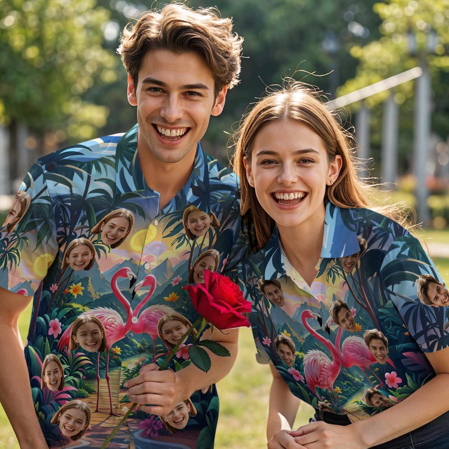 Camisa Hawaiana Con Cara Personalizada, Camisa De Estilo Tropical Con Flamenco, Camisa Con Botones De San Valentín Para Pareja - 