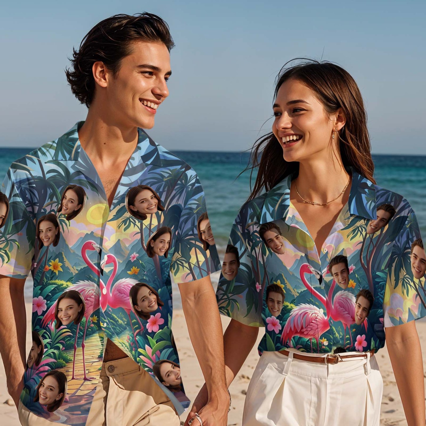 Camisa Hawaiana Con Cara Personalizada, Camisa De Estilo Tropical Con Flamenco, Camisa Con Botones De San Valentín Para Pareja - 