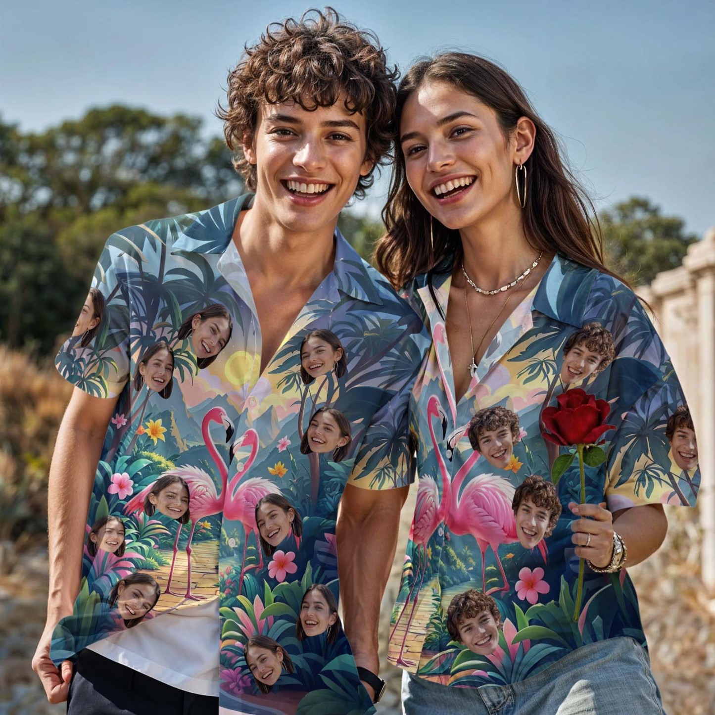 Camisa Hawaiana Con Cara Personalizada, Camisa De Estilo Tropical Con Flamenco, Camisa Con Botones De San Valentín Para Pareja - 