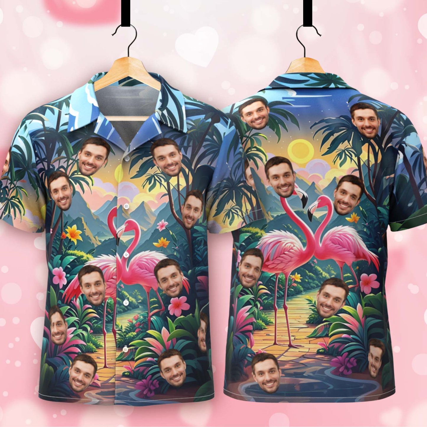 Camisa Hawaiana Con Cara Personalizada, Camisa De Estilo Tropical Con Flamenco, Camisa Con Botones De San Valentín Para Pareja - 