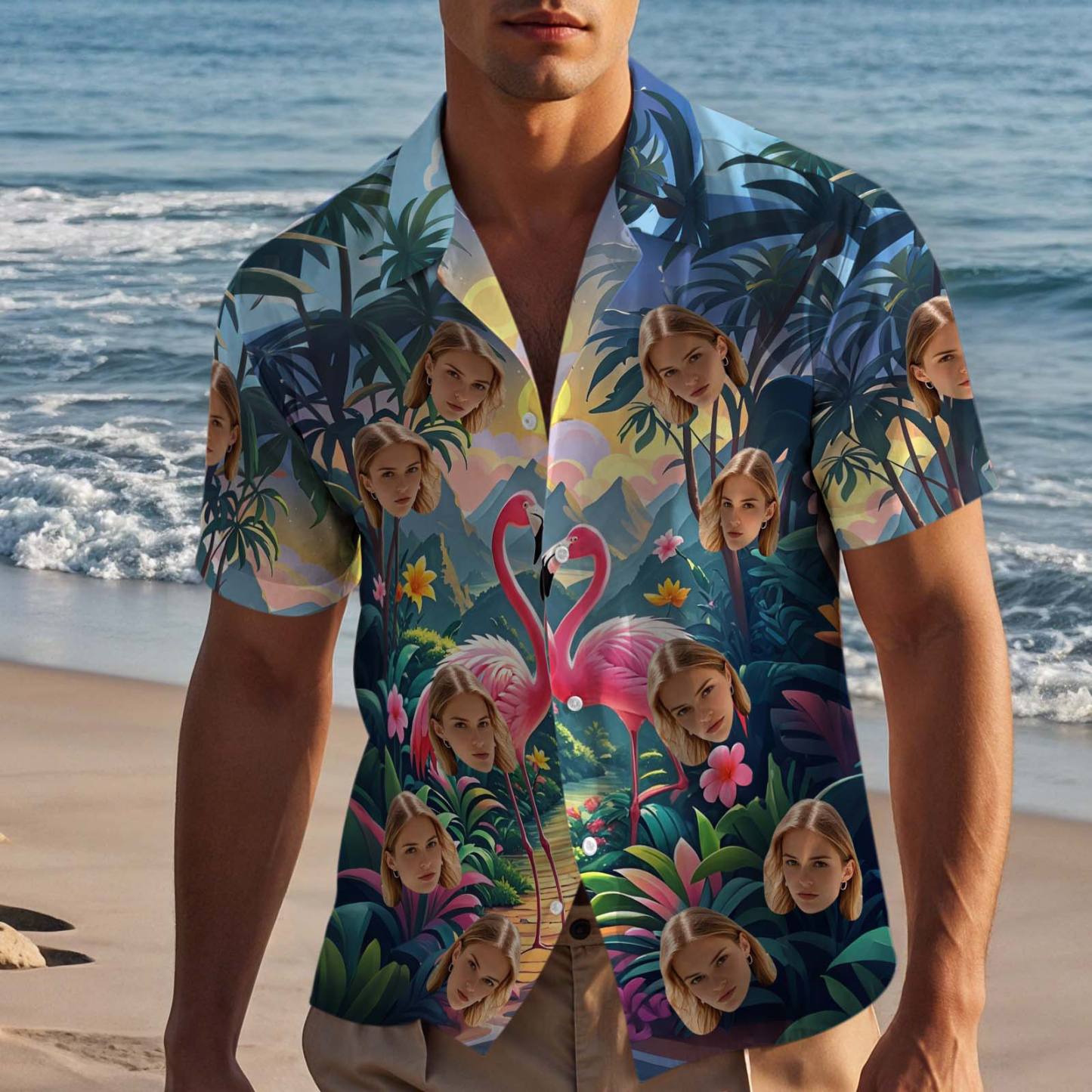 Camisa Hawaiana Con Cara Personalizada, Camisa De Estilo Tropical Con Flamenco, Camisa Con Botones De San Valentín Para Pareja - 