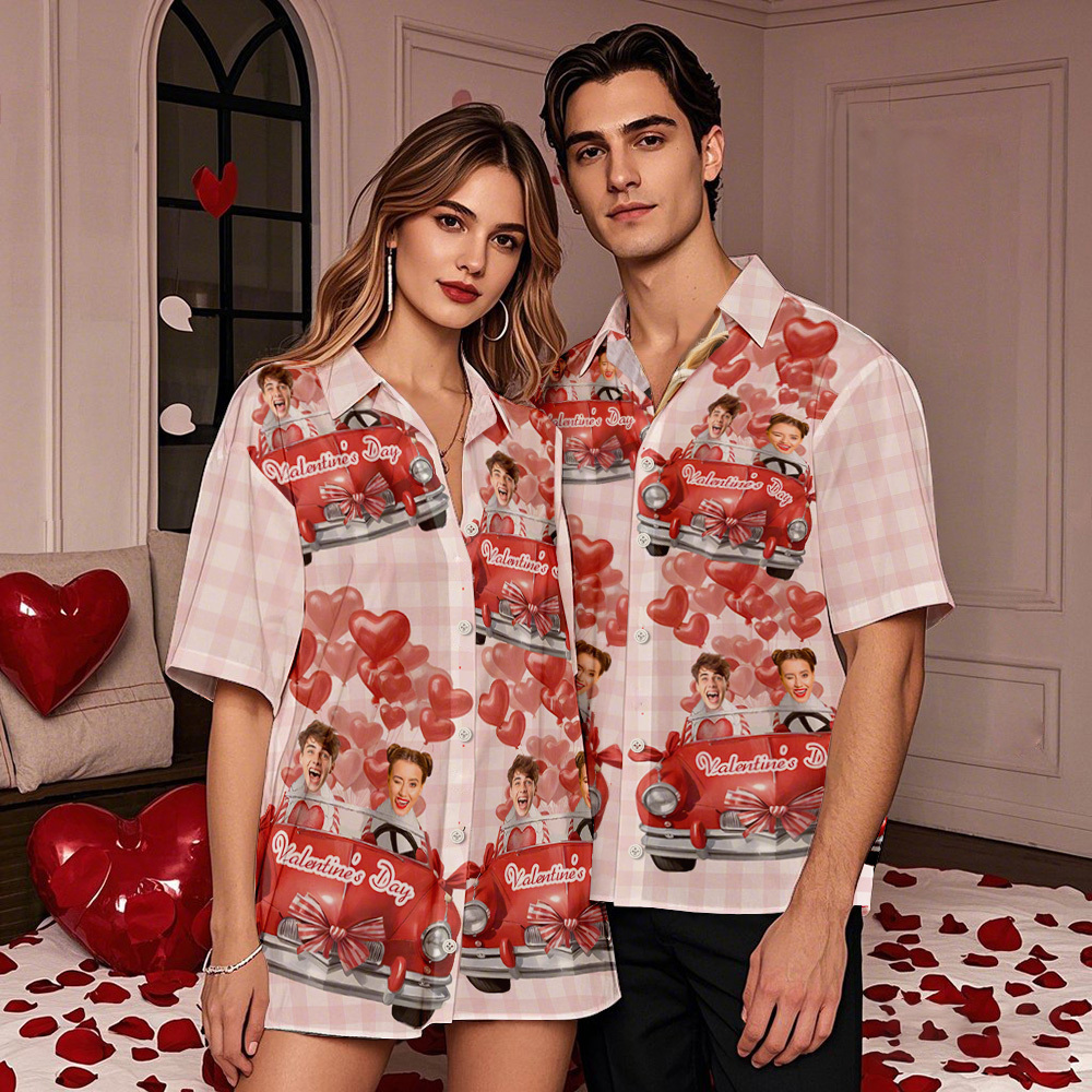 Camisa Hawaiana Rosa Personalizada Para San Valentín, Camisa De Manga Corta Para Parejas, Regalos - 