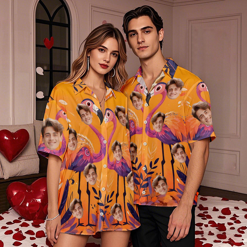 Camisa Hawaiana Personalizada Para Parejas Con Estampado De Flamencos Y Estilo Tropical, Color Naranja Intenso, Con Botones, Ideal Como Regalo Para Parejas. - 