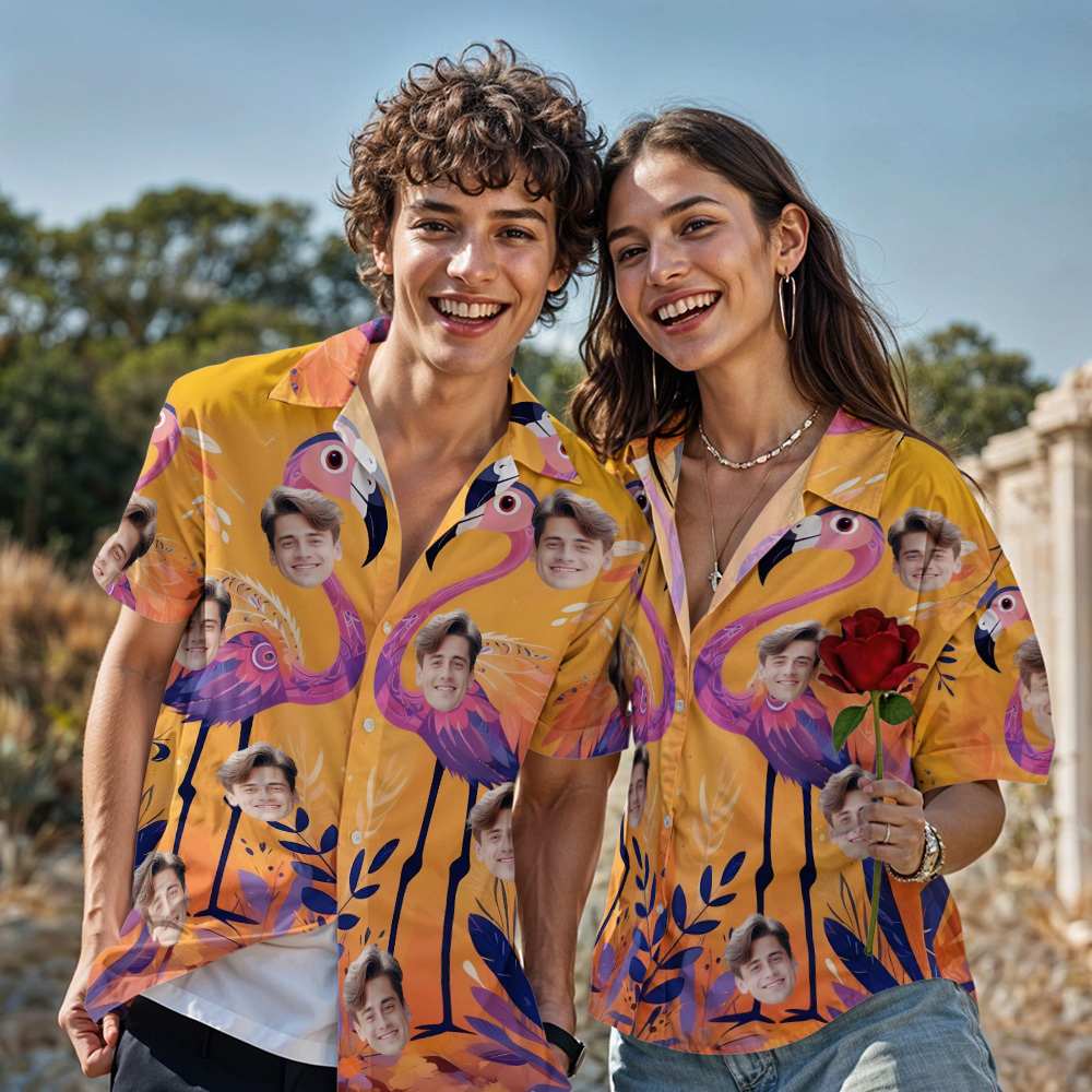 Camisa Hawaiana Personalizada Para Parejas Con Estampado De Flamencos Y Estilo Tropical, Color Naranja Intenso, Con Botones, Ideal Como Regalo Para Parejas. - 