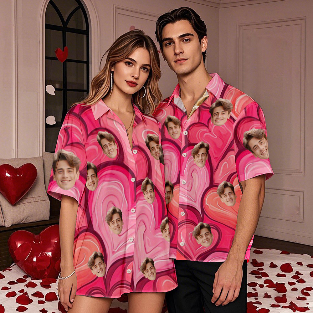 Camisa Hawaiana Rosa Personalizada Con Corazón Para Parejas, Camisa Abotonada Con Estampado Facial, Regalos Para Parejas. - 
