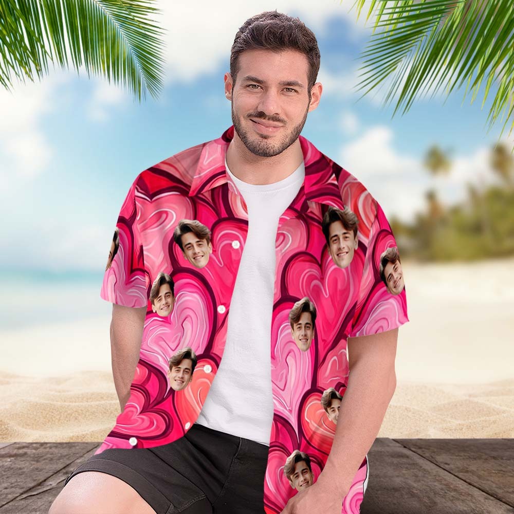 Camisa Hawaiana Rosa Personalizada Con Corazón Para Parejas, Camisa Abotonada Con Estampado Facial, Regalos Para Parejas. - 