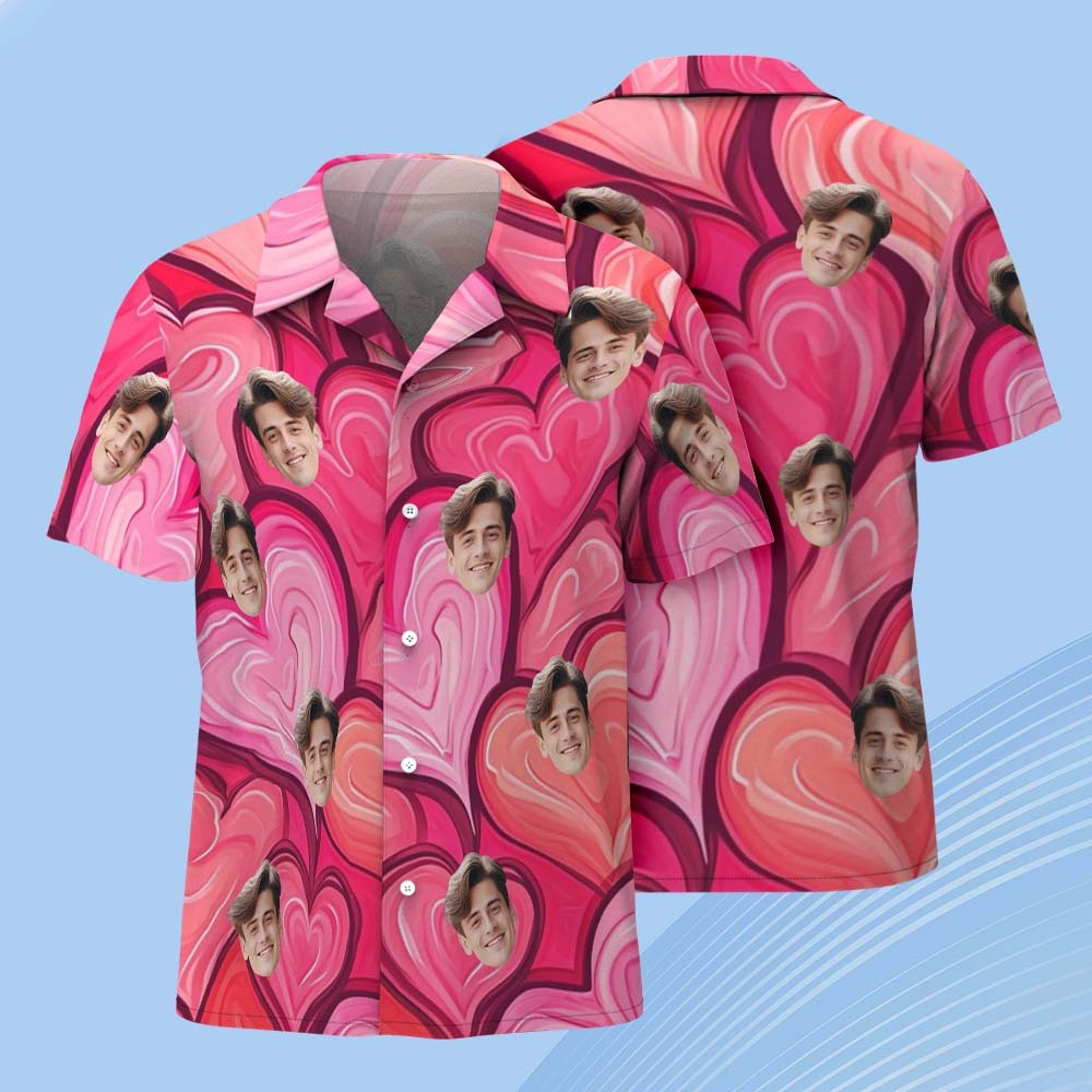 Camisa Hawaiana Rosa Personalizada Con Corazón Para Parejas, Camisa Abotonada Con Estampado Facial, Regalos Para Parejas. - 