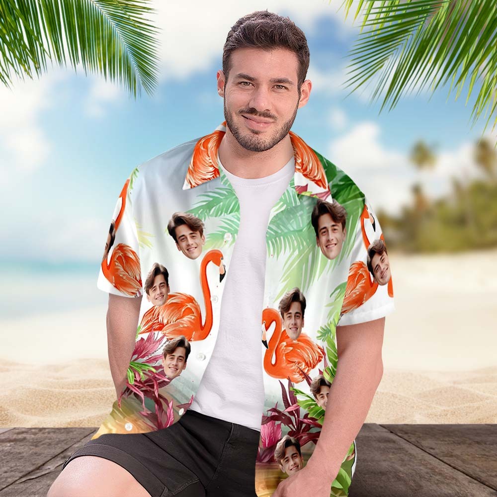 Camisa Personalizada Con Estampado De Flamenco Hawaiano Para El Día De San Valentín. Camisa Abotonada Personalizada. Regalos Para Parejas. - 