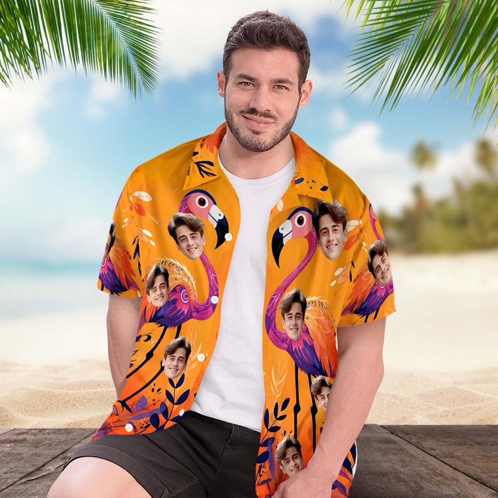 Camisa Hawaiana Personalizada Para Parejas Con Estampado De Flamencos Y Estilo Tropical, Color Naranja Intenso, Con Botones, Ideal Como Regalo Para Parejas. - 