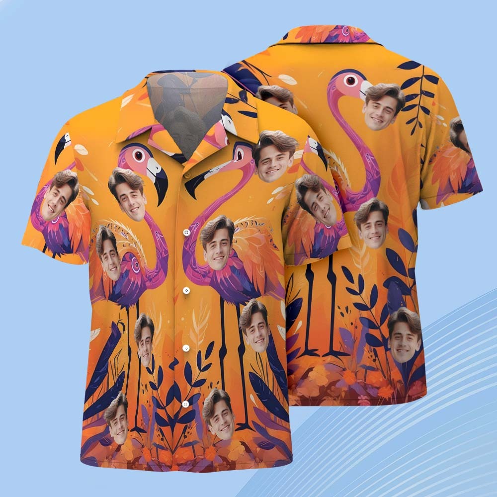 Camisa Hawaiana Personalizada Para Parejas Con Estampado De Flamencos Y Estilo Tropical, Color Naranja Intenso, Con Botones, Ideal Como Regalo Para Parejas. - 