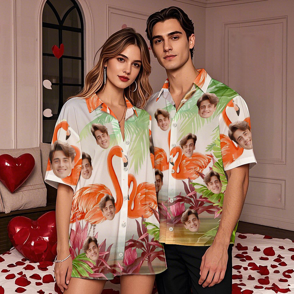 Camisa Personalizada Con Estampado De Flamenco Hawaiano Para El Día De San Valentín. Camisa Abotonada Personalizada. Regalos Para Parejas. - 
