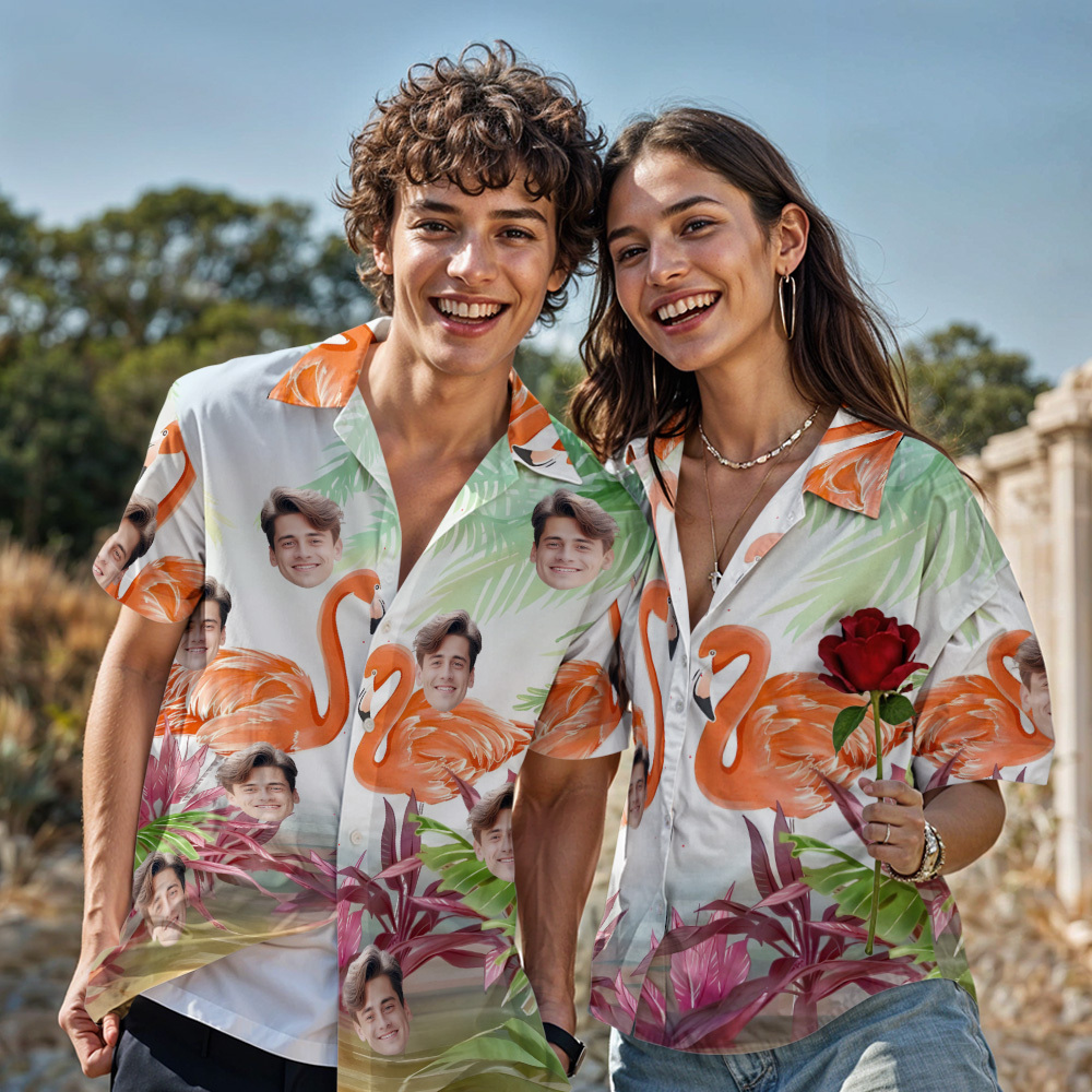 Camisa Personalizada Con Estampado De Flamenco Hawaiano Para El Día De San Valentín. Camisa Abotonada Personalizada. Regalos Para Parejas. - 