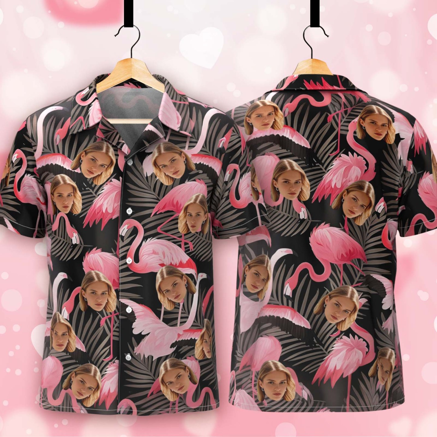 Camisas Hawaianas Personalizadas Con Flamencos Coloridos Y Estampado De Caras De Aloha Beach Para Hombre - Negras - 