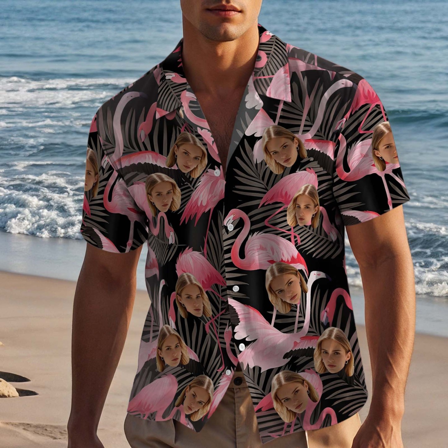 Camisas Hawaianas Personalizadas Con Flamencos Coloridos Y Estampado De Caras De Aloha Beach Para Hombre - Negras - 