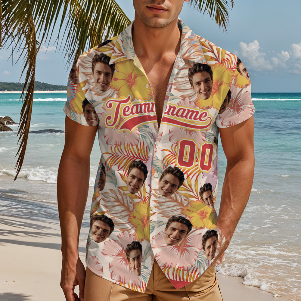 Camisa Hawaiana Personalizada Con Nombre Y Número. Camisa De Playa Floral Hawaiana Personalizada. - 