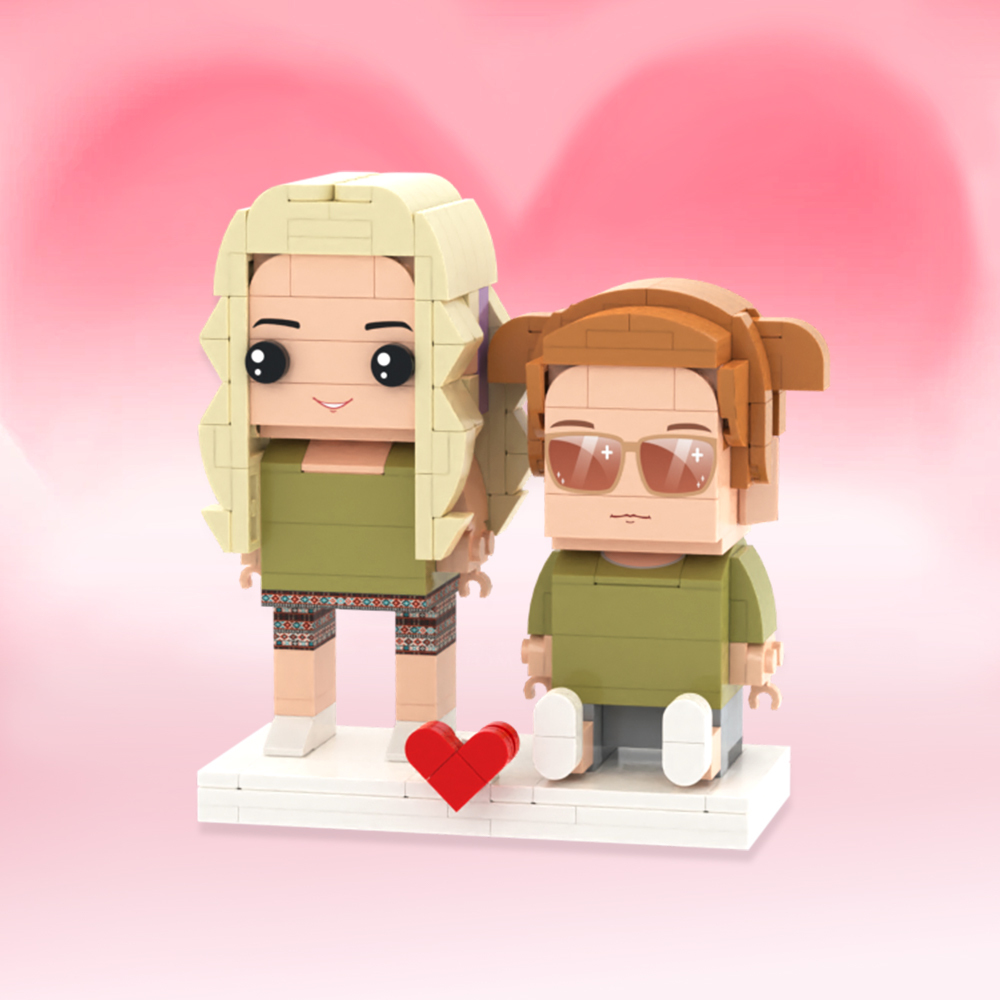Figuras De Ladrillos Personalizadas De Cuerpo Completo De 2 Personas Con Gato. Figuras De Ladrillos Sentadas Personalizadas. - 