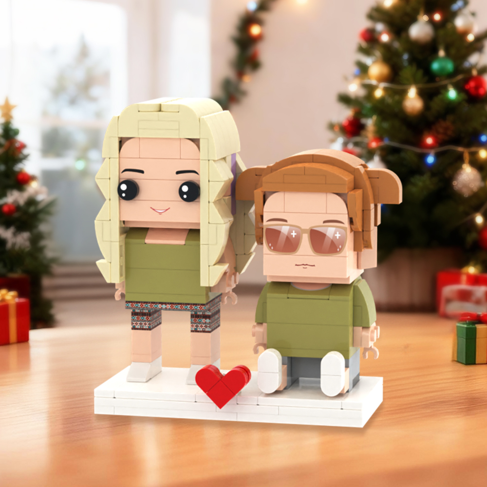 Figuras De Ladrillos Personalizadas De Cuerpo Completo De 2 Personas Con Gato. Figuras De Ladrillos Sentadas Personalizadas. - 