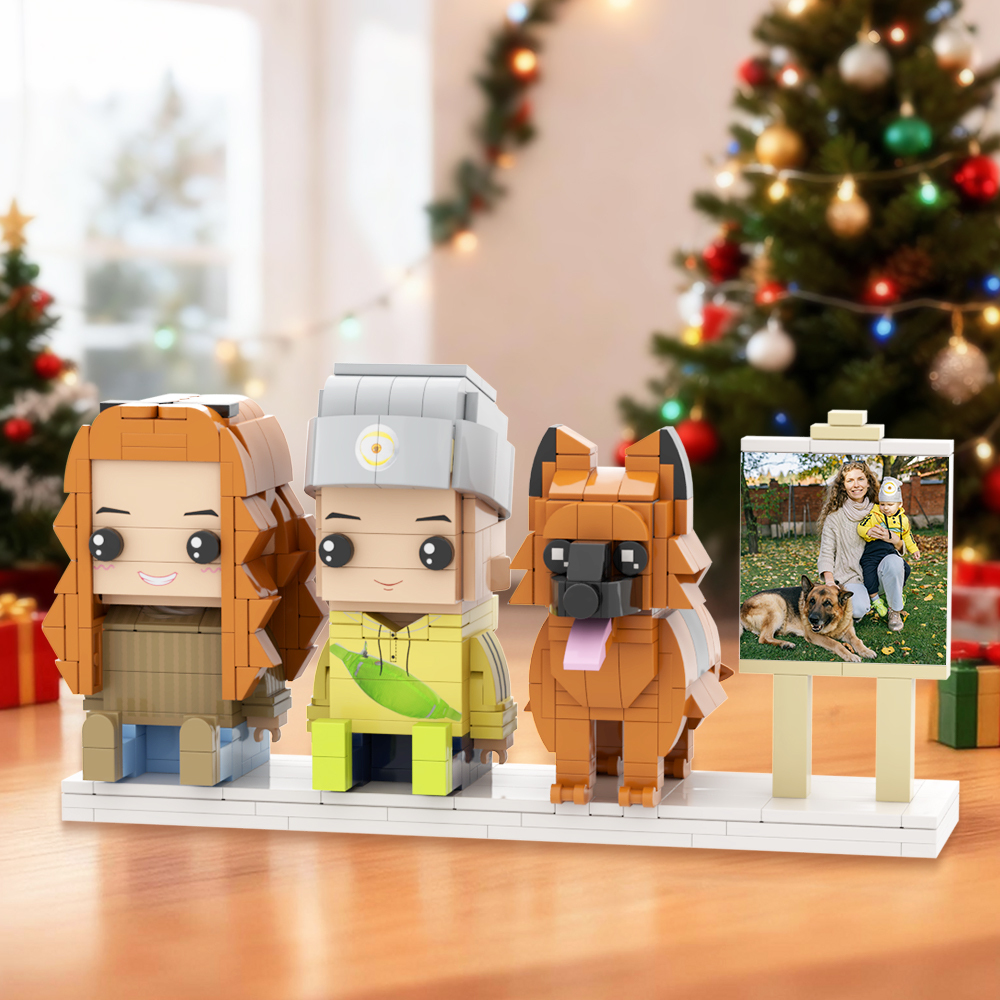 Figuras De Ladrillos Personalizadas De Cuerpo Completo De 2 Personas Con Gato. Figuras De Ladrillos Sentadas Personalizadas. - 