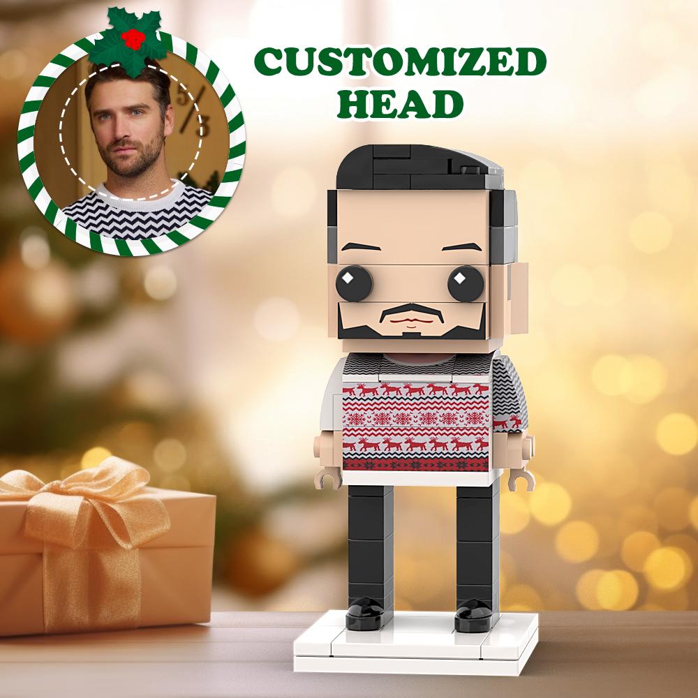 Suéter De Navidad Feo Figuras De Ladrillo De Cabeza Personalizadas Grises Y Rojas Figuras De Ladrillo De Hombre De Navidad Personalizadas Hombre De Bloque De Partículas Pequeñas