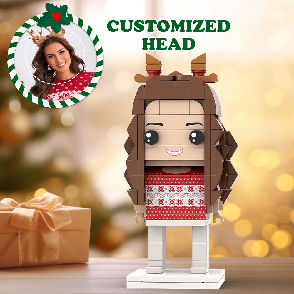 Suéter Feo De Navidad Figuras De Ladrillo De Cabeza Personalizadas Blancas Y Rojas Figuras De Ladrillo De Niña De Navidad Personalizadas Chica De Bloque De Partículas Pequeñas