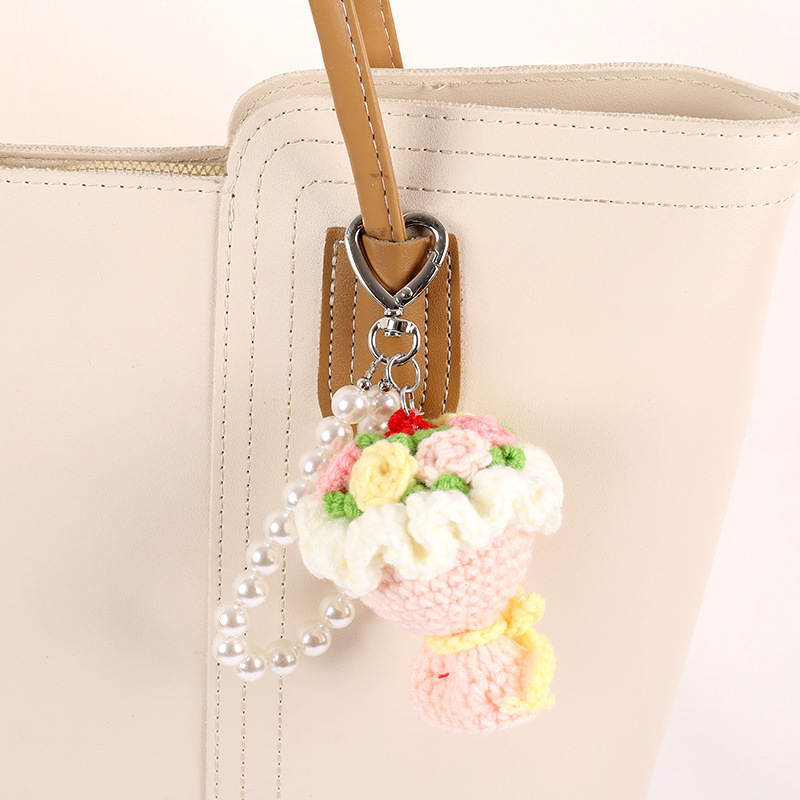 Llavero Floral Tejido A Mano Con Cadena De Perlas - Pulsera Bohemia Con Rosas, Elegante Accesorio Para Bolso De Mujer - 