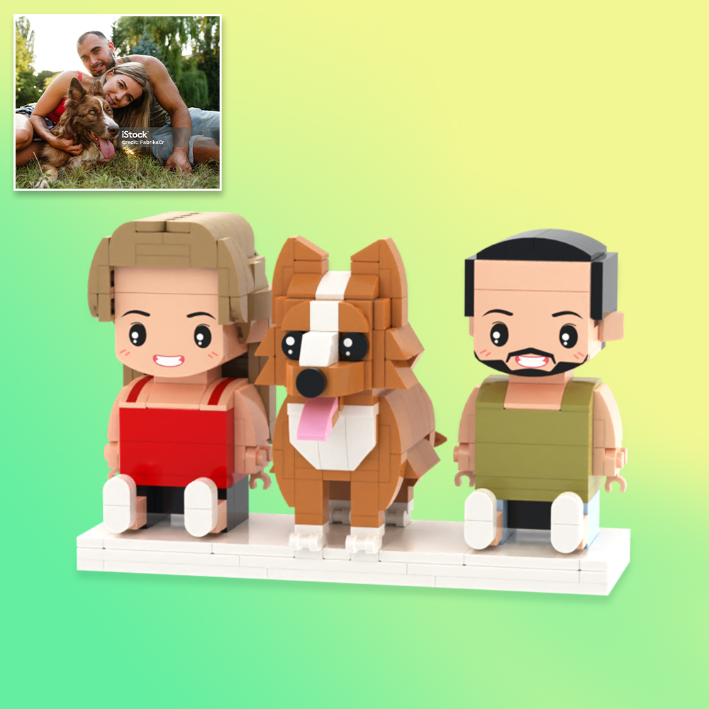Figuras De Ladrillos Personalizadas De Cuerpo Completo De 2 Personas Con Gato. Figuras De Ladrillos Sentadas Personalizadas. - 
